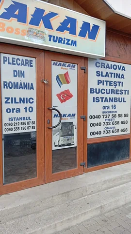 Hakan Turizm coach office at Craiova North Bus Station with route Craiova, Slatina, Pitești, București, Istanbul and phone numbers, 13 August 2026