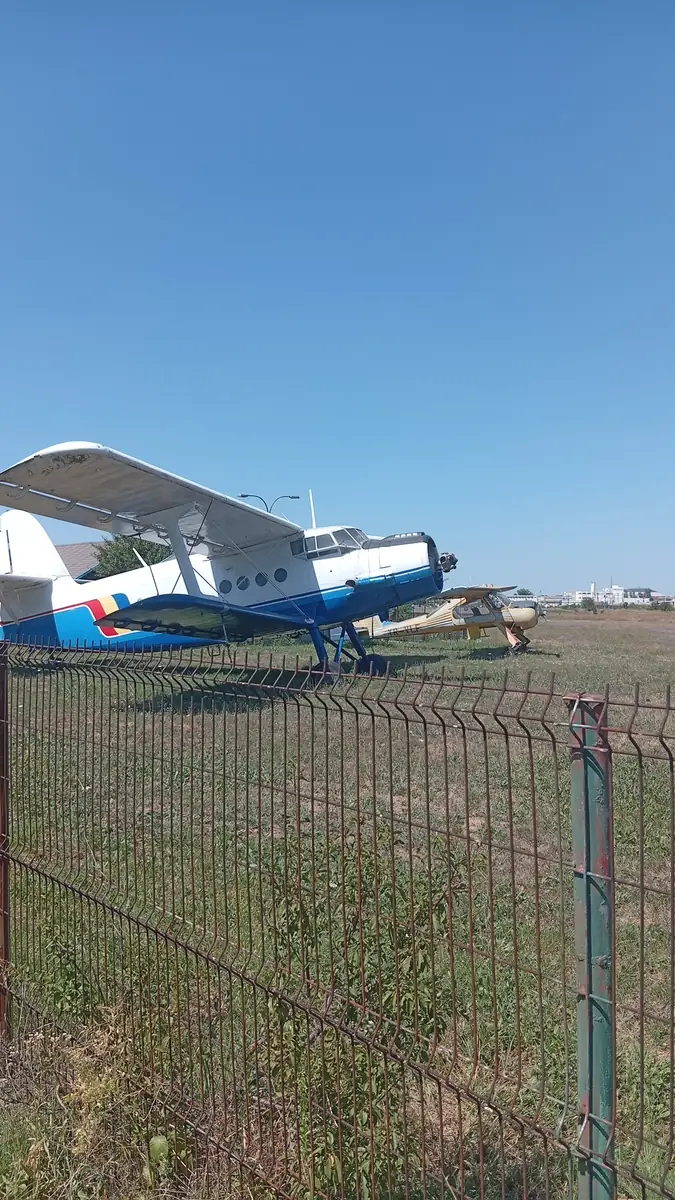 An-2 and a single-engine taildragger, seen over the boundary fence