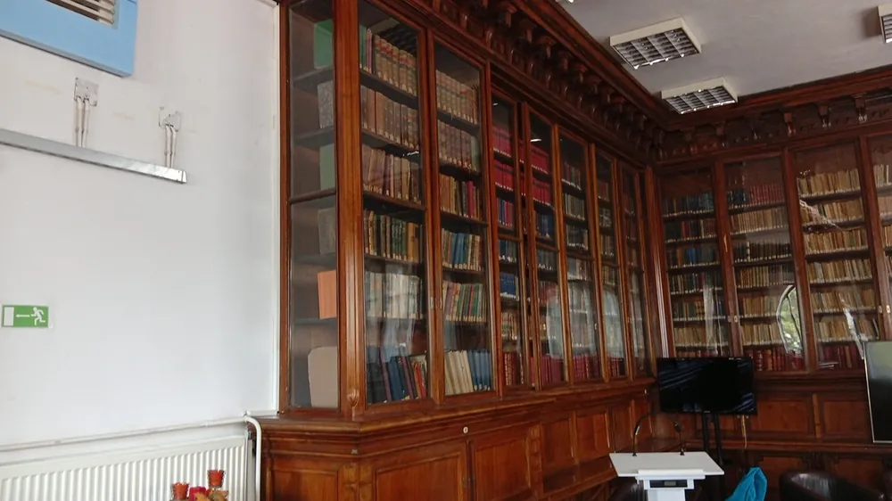 The cases along one wall, carved cornice above and panelled cupboards below