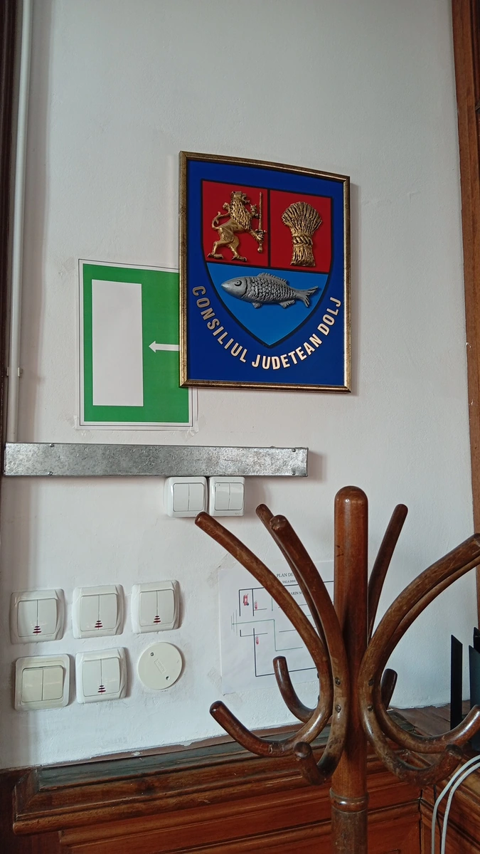 The Dolj county arms by the door — lion, wheatsheaf and fish. The library is county-run