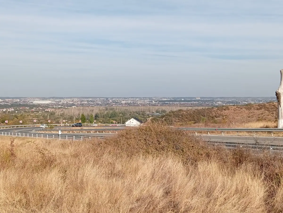 The bends with their chevron signs, the poplar belt and the city behind