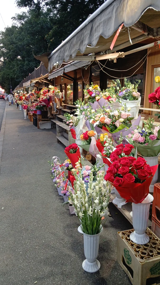 The flower stalls under their awnings, still open at dusk