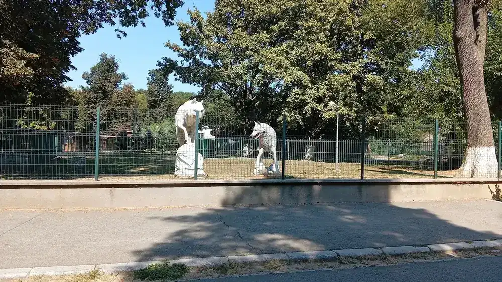 Wolf sculptures at the zoo fence