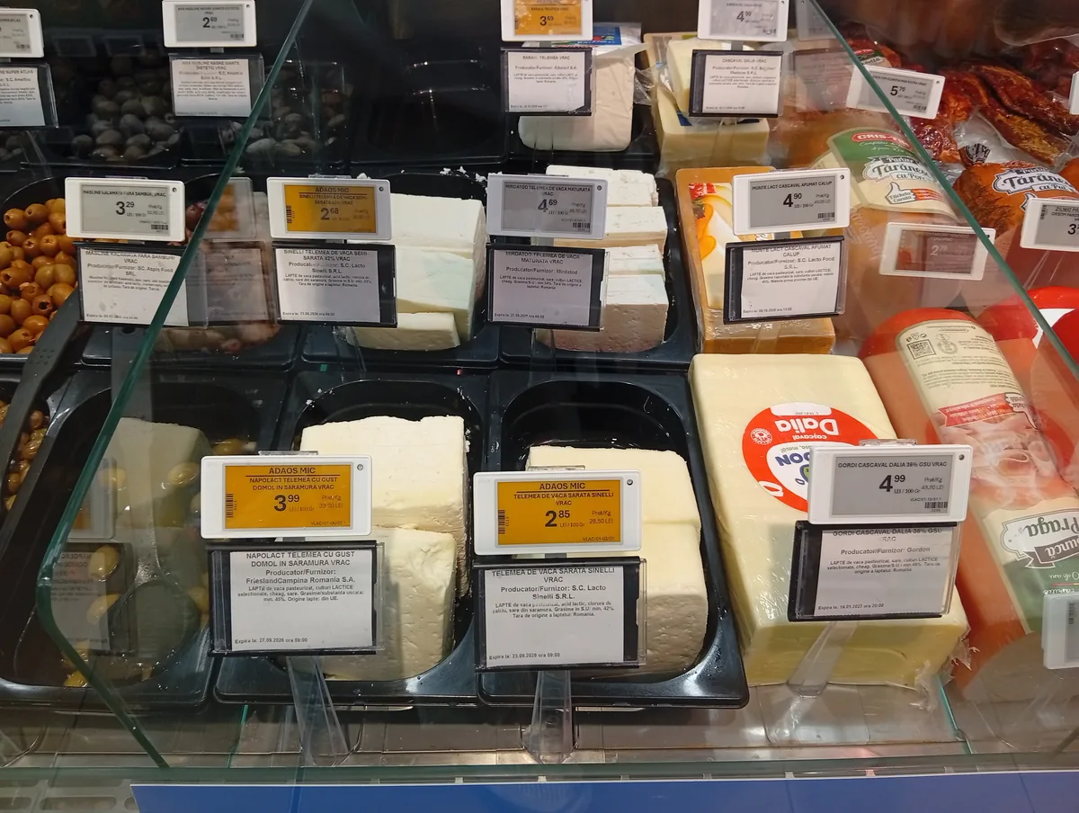 Romanian telemea and cașcaval cheese at the Profi Super deli counter, Strada Henry Ford, Craiova area, price labels in lei per 100 g, 22 September 2026