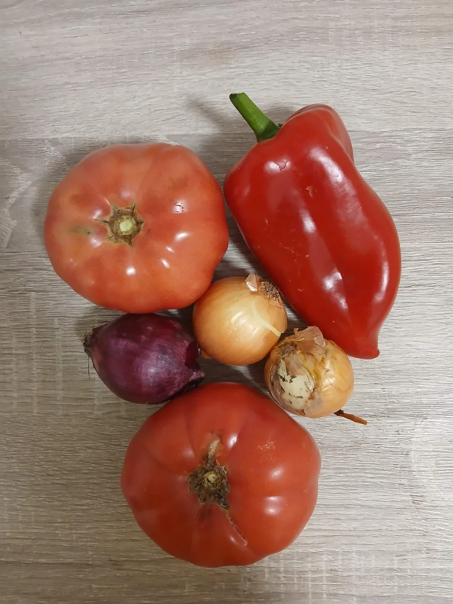 Two large tomatoes, one red bell pepper, two yellow onions and one red onion on a table, bought for 6.50 lei at a street stall in Craiova, 27 October 2026