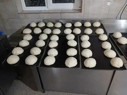 Dough rounds proving on the trays in the Landhaus kitchen, before the oven