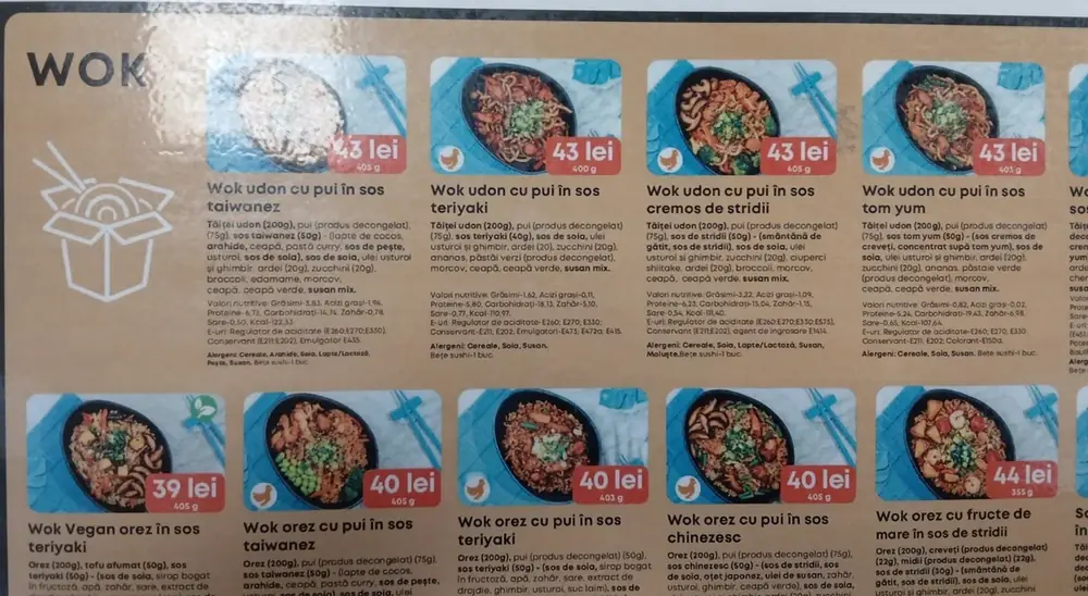 The wok board — udon dishes 43 lei across taiwanez/teriyaki/cremos de stridii/tom yum sauces (roughly 400g each), rice-based wok dishes 39-40 lei, wok with seafood in oyster sauce 355g 44 lei. September 2026